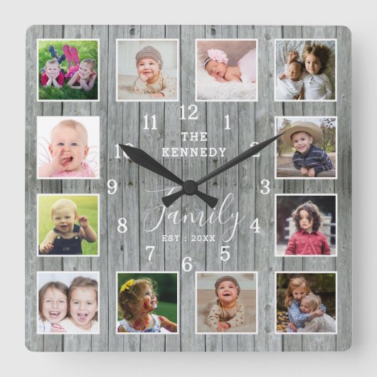 Foto Collage Familienaam Rustic Grey Wood Vierkante Klok (Voorkant)