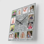 Foto Collage Familienaam Rustic Grey Wood Vierkante Klok (Hoek)