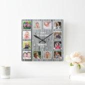 Foto Collage Familienaam Rustic Grey Wood Vierkante Klok (Huis)