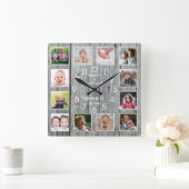 Foto Collage Familienaam Rustic Grey Wood  Vierkante Klok (Huis)