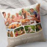 Foto Collage Familienaam ZigZag Foto Strip Kussen<br><div class="desc">Geef deze gelukkige gooiende kussen een persoonlijk tintje met je favoriete familiefoto's. De sjabloon is opstelling klaar voor u om tot 5 foto's en uw familienaam (of douanetekst) toe te voegen. De hoofdfoto zal als achtergrond worden gebruikt en de resterende 4 foto's zullen in een zigzag fotostrip langs de bodem...</div>