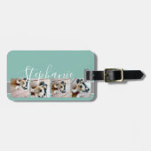 Foto Collage Film Strip Name - aqua gray Bagagelabel (Voorkant horizontaal)