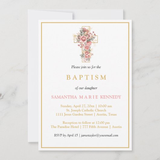 Foto Collage Floral Cross Gold Script Baptisme Kaart (Voorkant)