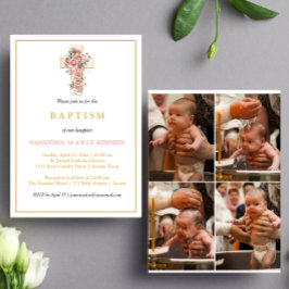 Foto Collage Floral Cross Gold Script Baptisme Kaart