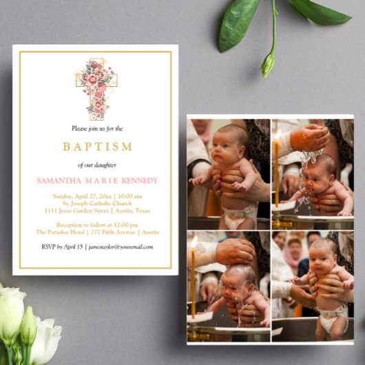 Foto Collage Floral Cross Gold Script Baptisme Kaart