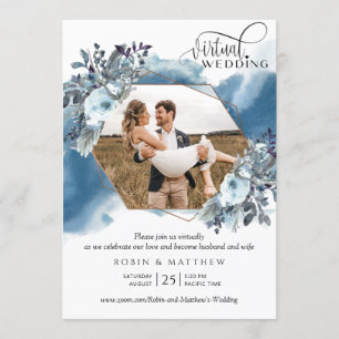 Foto collage, Geometrical Blue Virtual Wedding Kaart
