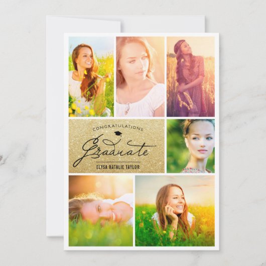 Foto Collage Gold Glitter Graduparty Kaart (Voorkant)