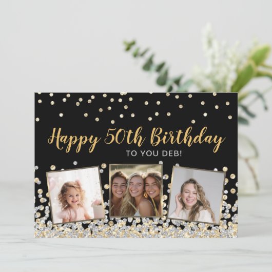 Foto Collage Gold Silver Confetti 50e verjaardag Kaart (Staand voorkant)