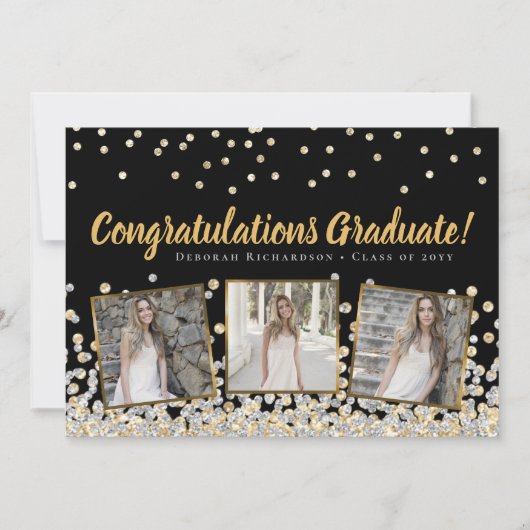Foto Collage Gold Silver Confetti Afstuderen Kaart (Voorkant)