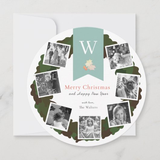 Foto Collage Greenery Krans Witte Vakantie Kaart (Voorkant)