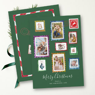 Foto-collage Groen Vintage Stempel Familie Kerstmi Feestdagenkaart