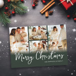 Foto Collage Groene Familie Kerstmis Feestdagenkaart<br><div class="desc">Neem dit jaar de tijd om een mooie en gepersonaliseerde familie kerstkaart te creëer. Met een rustieke groene achtergrond kunt u met deze 4-foto sjablonen de foto's vervangen door uw eigen speciale herinneringen en uw familienaam. Er is ook een boodschap die je kunt personaliseren!</div>