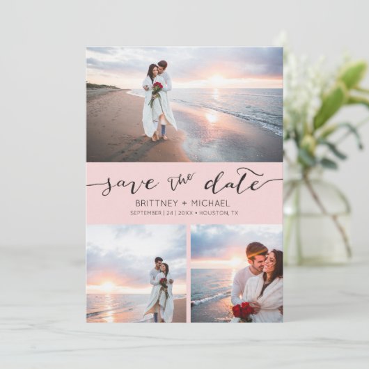 Foto Collage Handgeschreven Blush roze Opslaan Dat Aankondiging (Staand voorkant)