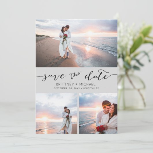 Foto Collage Handgeschreven grijs Opslaan Datum Aankondiging (Staand voorkant)