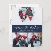 Foto Collage Handgeschreven Save the Date Navy Blu Aankondigingskaart (Voorkant / Achterkant)