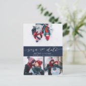 Foto Collage Handgeschreven Save the Date Navy Blu Aankondigingskaart (Staand voorkant)