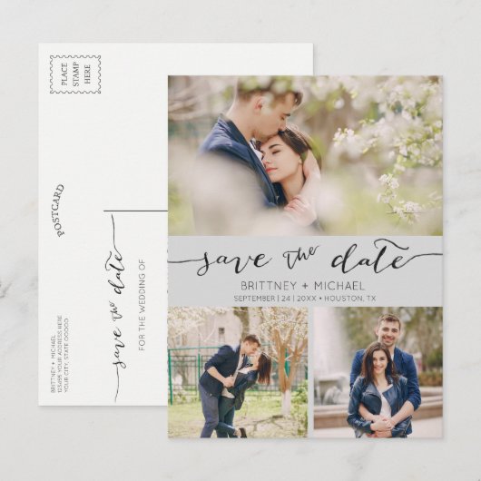 Foto Collage Handwrited Save the Date Gray Aankondigingskaart (Voorkant / Achterkant)
