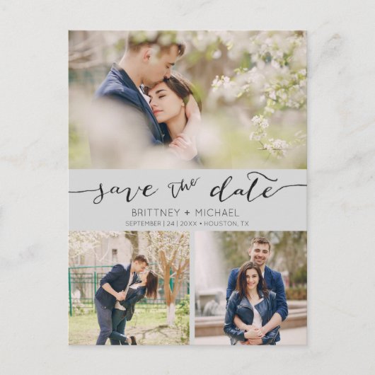 Foto Collage Handwrited Save the Date Gray Aankondigingskaart (Voorkant)