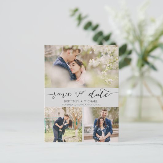 Foto Collage Handwrited Save the Date Gray Aankondigingskaart (Staand voorkant)