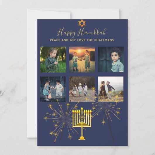 Foto Collage Hanukkah Modern Blue Mauve Gold Feestdagenkaart (Voorkant)