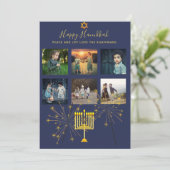 Foto Collage Hanukkah Modern Blue Mauve Gold Feestdagenkaart (Staand voorkant)