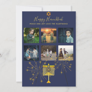 Foto Collage Hanukkah Modern Blue Mauve Gold Feestdagenkaart