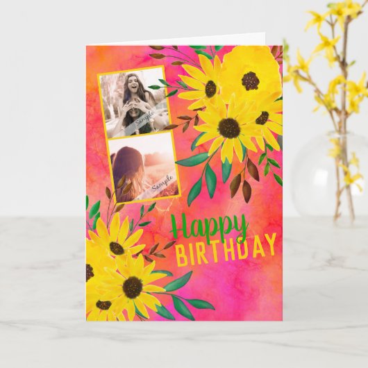 Foto Collage "Happy Birthday" - Kaart voor zonnebl (Gele Bloem)
