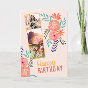 Foto Collage "Happy Birthday" Roze koraal Rozen Kaart
