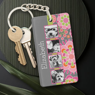 Foto-collage heet roze en oranje bloemen sleutelhanger