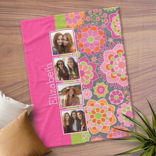 Foto collage heet roze oranje funky bloemen fleece deken