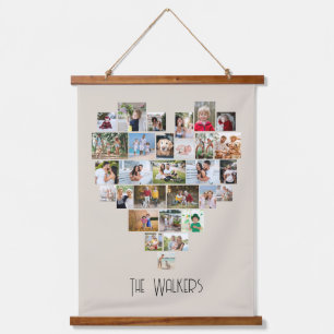 Foto-collage in hartvorm met 29 foto's en familien hangend wandkleed