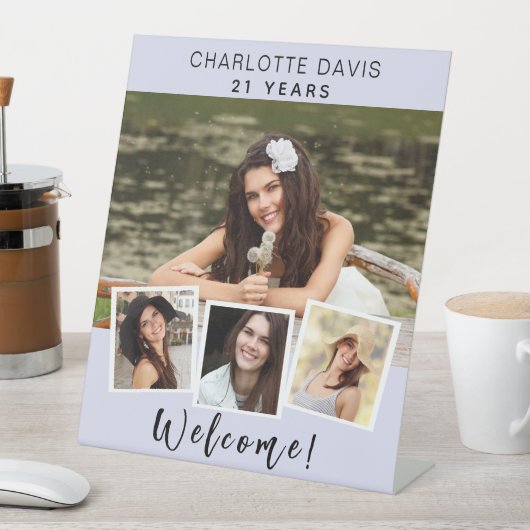 Foto collage lavendel verjaardagsfeestje welkom reclamebord met voetstuk (Insitu)