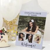 Foto collage lavendel verjaardagsfeestje welkom reclamebord met voetstuk