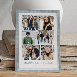 Foto-collage lichtblauw geruit kader Kerstmis Feestdagenkaart