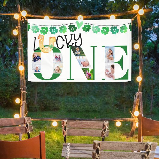 Foto Collage Lucky One Custom 1st Birthday Party Spandoek
