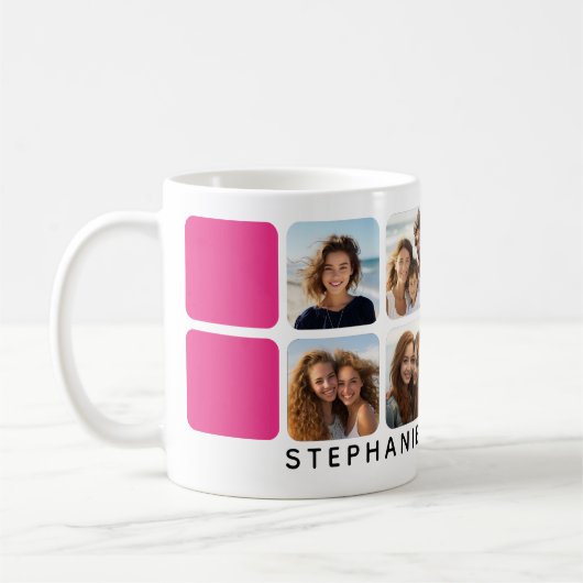 Foto collage met 8 foto's en warmroze accenten koffiemok (Links)