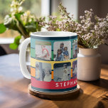 Foto collage met 8 foto's kleurrijke retrostrepen koffiemok<br><div class="desc">Zorg ervoor u uw foto's in vierkanten alvorens te uploaden bebouwt. Dit moderne rasterontwerp bevat enkele kleurblokken en een plaats voor een naam of een monogram. De schone lijnen en afgeronde hoeken maken een moderne blik. Voor geavanceerde gebruikers, kunt u op uitgeven klikken/knoop aanpassen en de kleuren van de lijnen...</div>