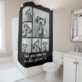 Foto collage met één roze monogram douchegordijn (In situ)