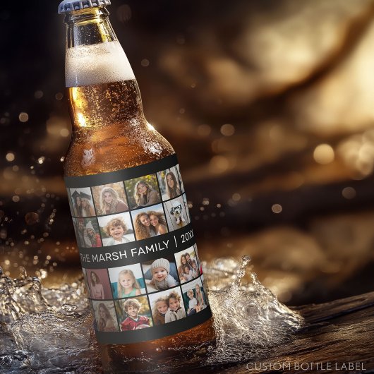 Foto collage met familienaam Datum - zwart Bier Etiket