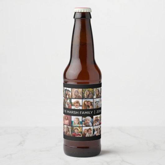 Foto collage met familienaam Datum - zwart Bier Etiket (Voorkant)