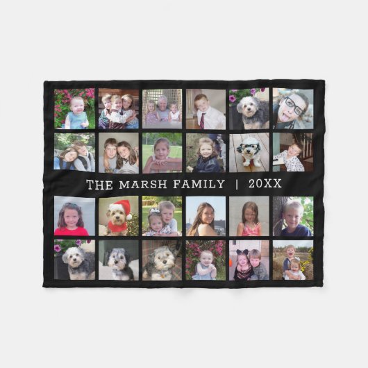 Foto collage met familienaam Datum - zwart Fleece Deken (Voorkant (Horizontaal))