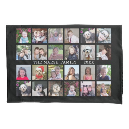 Foto collage met familienaam Datum - zwart Kussensloop (Voorkant)