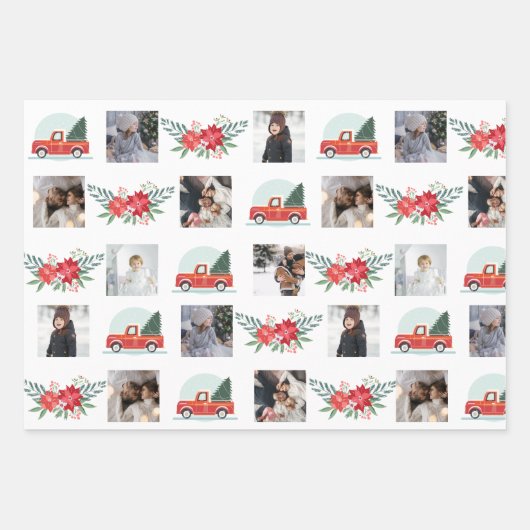 Foto-collage met kerstpunsettia en decor inpakpapier vel (Voorkant)