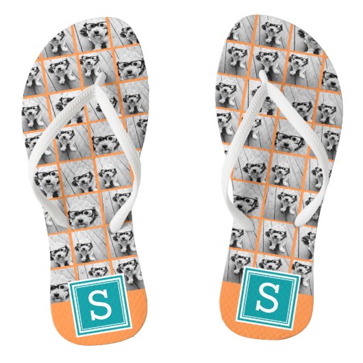 Foto collage met monogram - Oranje en Blauwgroen Teenslippers (Voetbed)