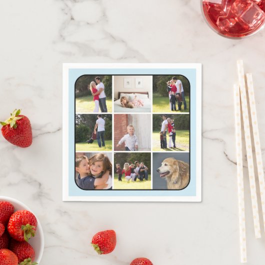 Foto collage met negen foto's, babyblauwe rand servet (Insitu)