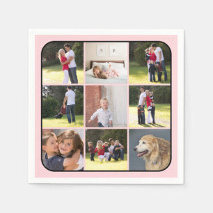 Foto collage met negen foto's, wazige roze rand servet