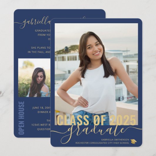 Foto Collage Modern Blue Afstuderen Open House Aankondiging (Voorkant / Achterkant)
