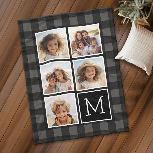 Foto Collage - Monogram Grijs Zwart Buffalo Plaid Fleece Deken