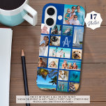 Foto Collage Monogram Naam 17 Foto's Blauw iPhone 16 Hoesje<br><div class="desc">Draag 17 van uw favoriete foto's op deze aangepaste kleur mobiele telefoonhoes met een fotocollage van verschillende vormen en maten en gepersonaliseerd met uw monogram en naam in een modern lettertype over het initiaal (weergegeven in blauw). Wijzig de lettertypestijlen en alle kleuren in EDIT. TELEFOONOPTIES: Het voorbeeld wordt weergegeven op...</div>