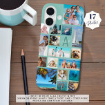 Foto Collage Monogram Naam 17 Foto's Mint Green iPhone 16 Hoesje<br><div class="desc">Draag 17 van uw favoriete foto's op deze aangepaste achtergrond kleur mobiele telefoon case met een fotocollage van een verscheidenheid aan vormen en maten en gepersonaliseerd met uw monogram en naam in een modern script lettertype over het initiaal (weergegeven in tinten van mintgroen, turquoise en blauwgroen). Wijzig de lettertypestijlen en...</div>